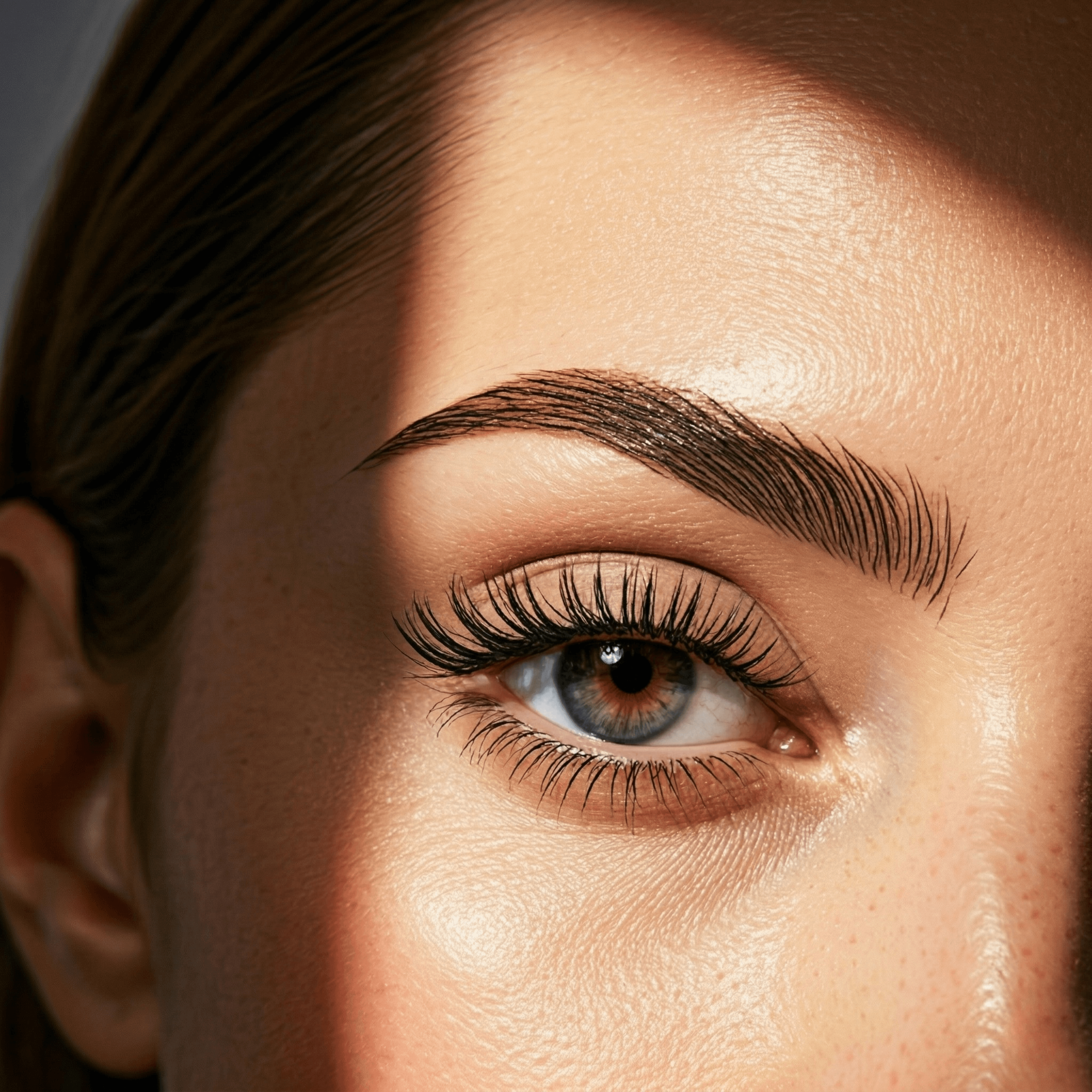 Close-up of a perfectly threaded eyebrow with copper rose-gold eyeshadow